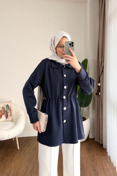 Beli Büzgülü Düğmeli Ceket  Lacivert