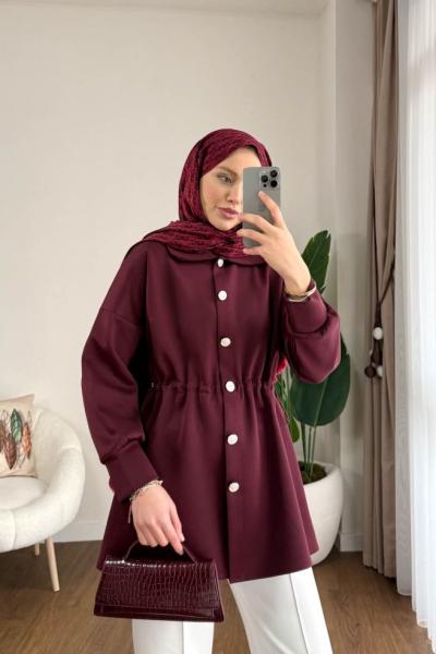 Beli Büzgülü Düğmeli Ceket  Bordo