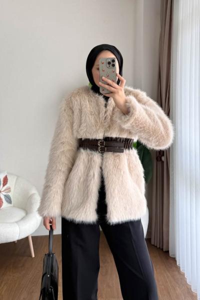 Beli Kemerli Kürk  Bej