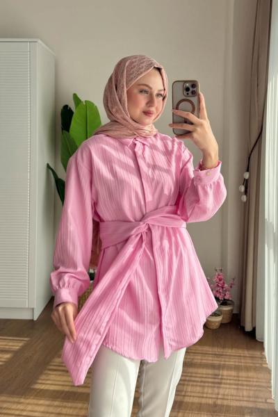 Beli Kuşaklı Gömlek  Pembe