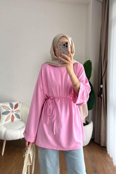 Bisiklet Yaka Yırtmaçlı Tunik Pembe