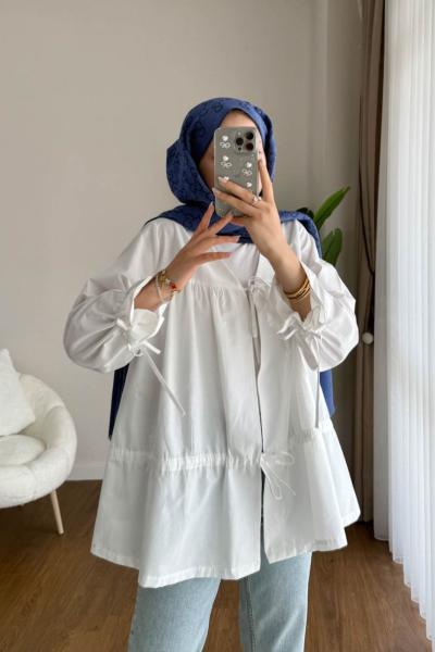 Büzgülü poplin Kimono  Beyaz