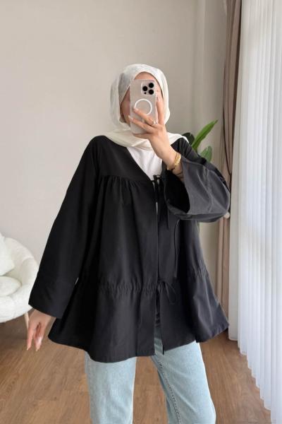 Büzgülü poplin Kimono  Siyah