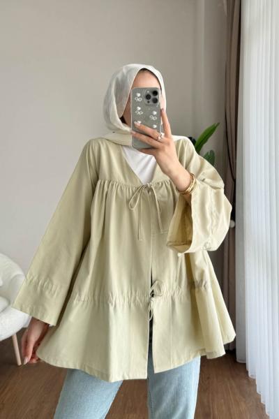 Büzgülü poplin Kimono  Açık Yeşil