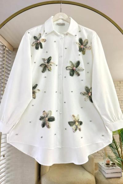 Çiçek Taşlı Gömlek  Yeşil Beyaz