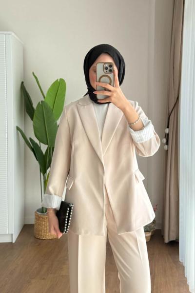 Çizgili Astarlı Double Ceket Bej