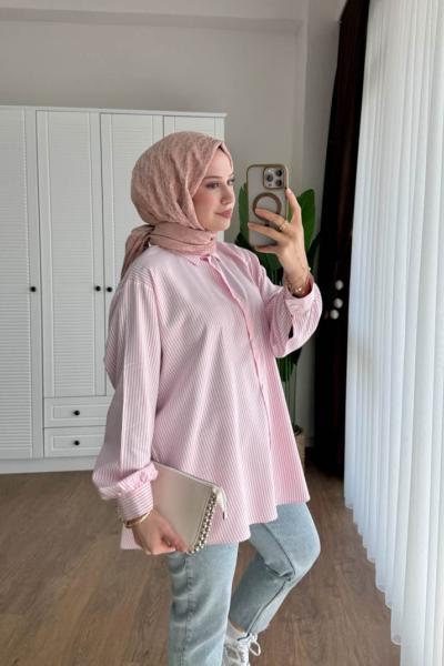 Çizgili Oversize Gömlek  Pembe