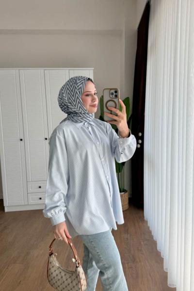 Çizgili Oversize Gömlek  Mavi