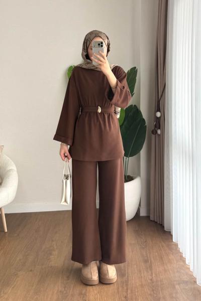 Double Kol Selanik İkili Takım Kahverengi