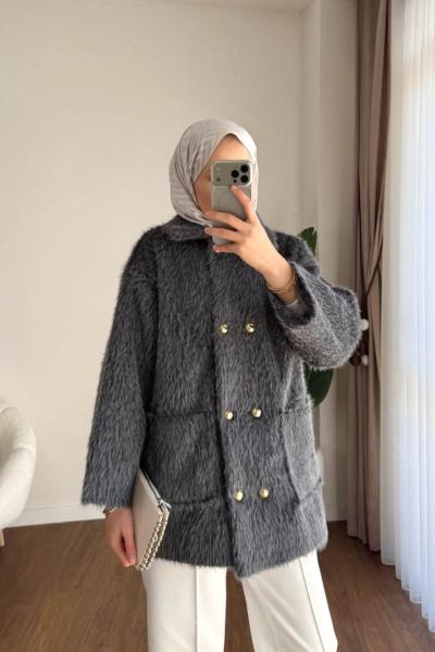 Düğme Detaylı Tüylü Ceket Füme