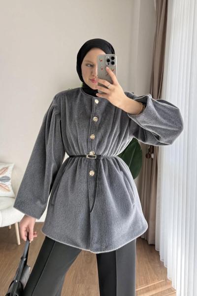 Düğmeli Tay Tüyü Ceket Füme