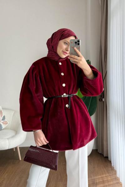 Düğmeli Tay Tüyü Ceket Bordo