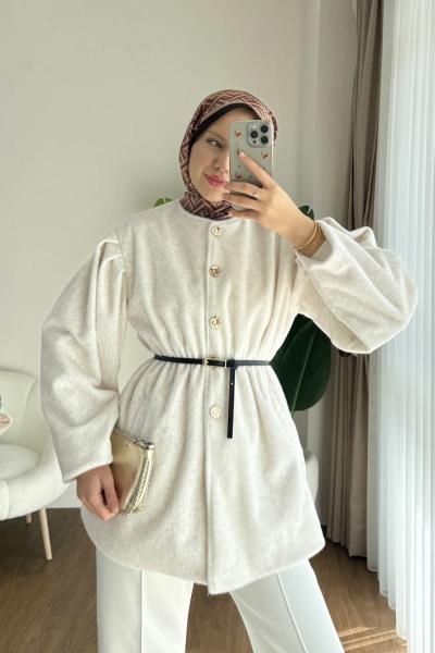 Düğmeli Tay Tüyü Ceket Krem