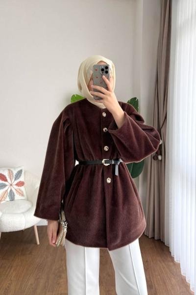 Düğmeli Tay Tüyü Ceket Kahverengi