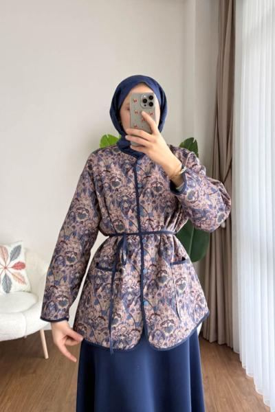 Etnik Desen çıtçıtlı Ceket Lacivert