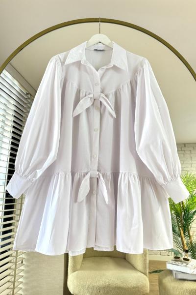 Fiyonklu Salaş Gömlek  Beyaz