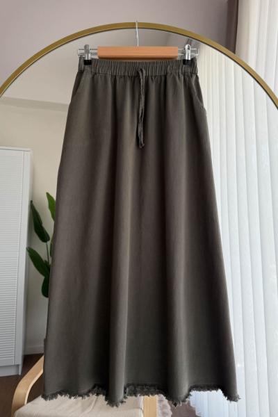 Gabardin Püsküllü Etek  Haki