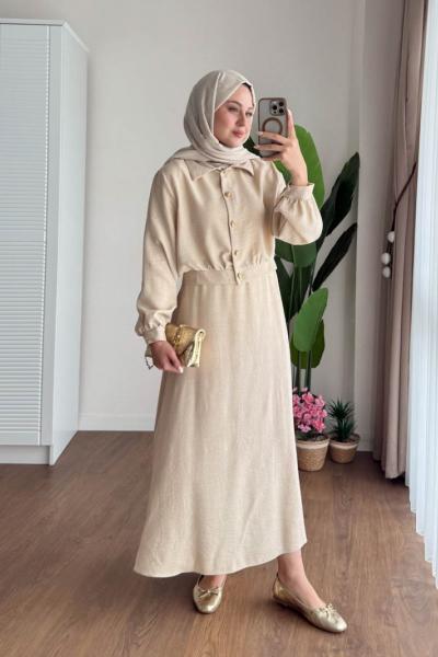 Gold Düğmeli Melanj Takımı Bej