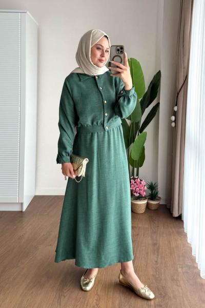 Gold Düğmeli Melanj Takımı Zümrüt