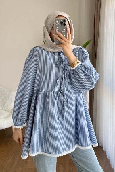 Güpür Detaylı Gofre Tunik  Mavi