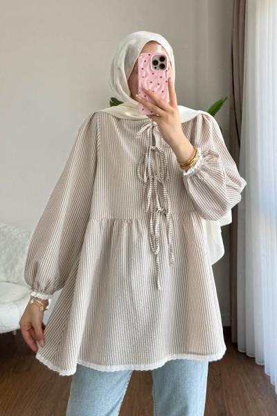 Güpür Detaylı Gofre Tunik  Bej