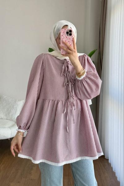 Güpür Detaylı Gofre Tunik  Bordo