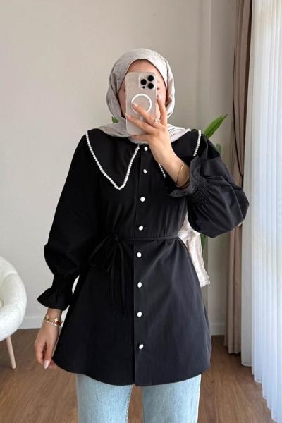 İncili Poplin Tunik  Siyah