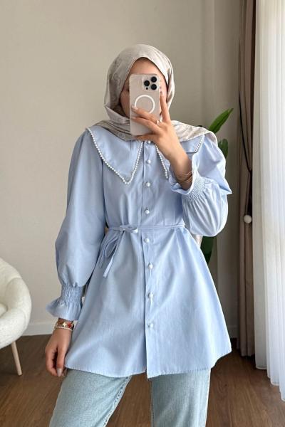 İncili Poplin Tunik  Mavi