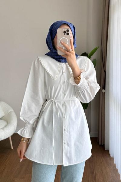 İncili Poplin Tunik  Beyaz