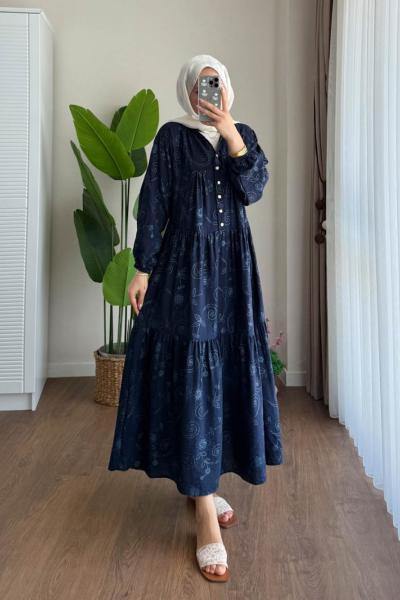 Jakar Desenli Elbise Lacivert