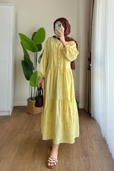 Jakar Desenli Elbise Sarı