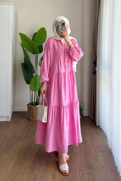 Jakar Desenli Elbise Pembe