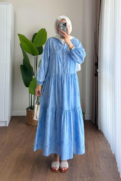 Jakar Desenli Elbise Mavi