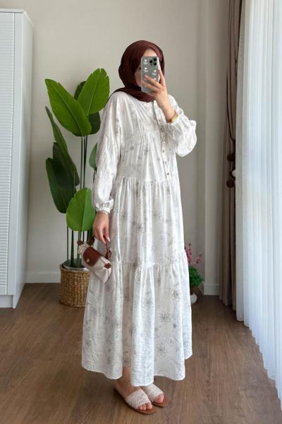 Jakar Desenli Elbise Ekru