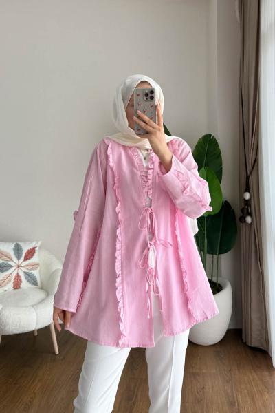 Keten Fırfırlı Tunik Pembe