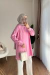 Kolları Düğme Detaylı Çımalı Tunik Pembe