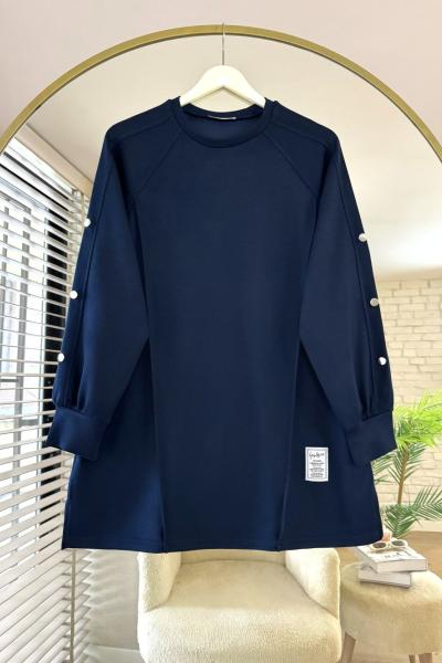 Kolları Düğme Detaylı Çımalı Tunik Lacivert