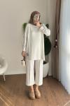 Kolları Düğme Detaylı Çımalı Tunik Ekru