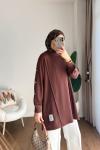 Kolları Düğme Detaylı Çımalı Tunik Kahverengi