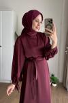 Kolu Bağcıklı Taşlı Saten Elbise Bordo