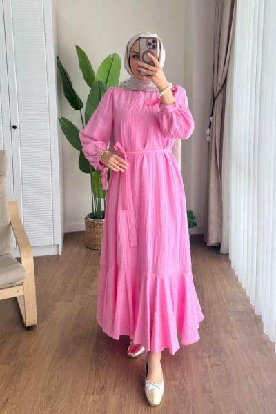 Kolu Bağcıklı Begonya Elbise Pembe