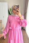 Kolu Bağcıklı Begonya Elbise Pembe