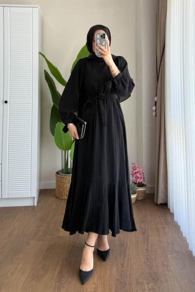 Kolu Bağcıklı Begonya Elbise Siyah