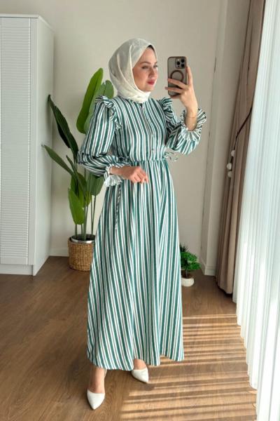 Kuboshe Çizgili Gofre Elbise Yeşil