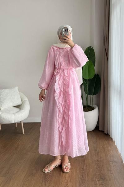 Kumru Fırfırlı Elbise Pembe