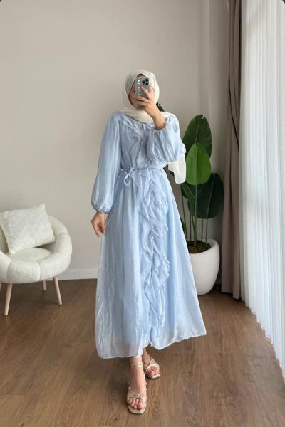 Kumru Fırfırlı Elbise Mavi