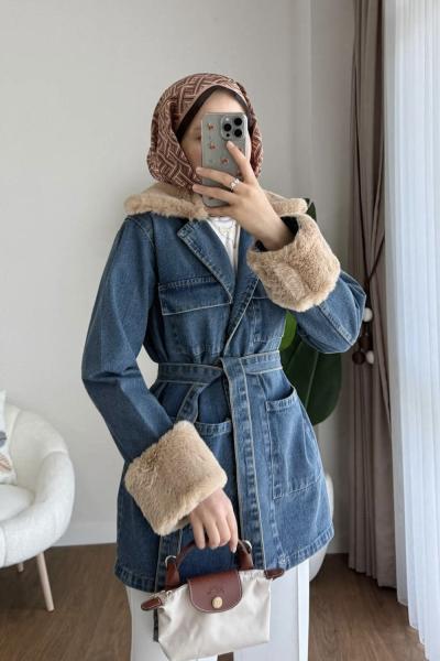 Kürk Detaylı Kot Ceket Mavi