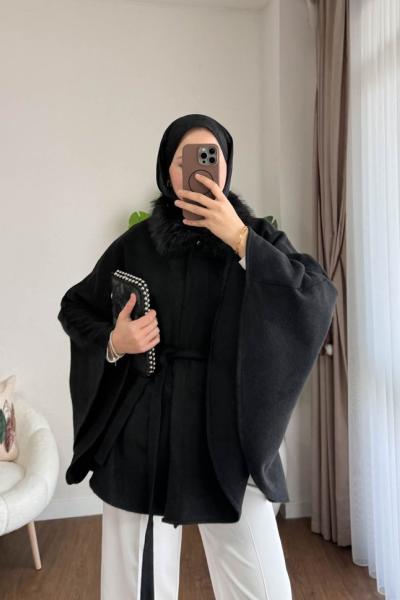 Kürklü Kaşe Panço Siyah
