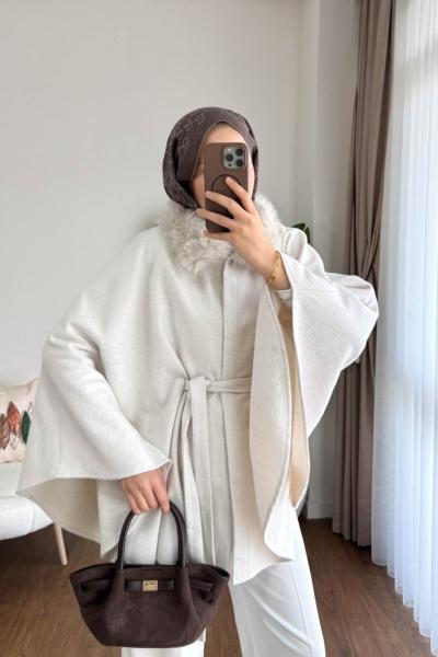 Kürklü Kaşe Panço Krem