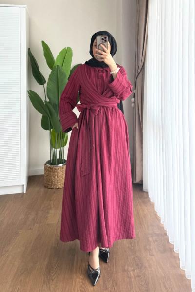 Kuşaklı Gofre Elbise  Bordo
